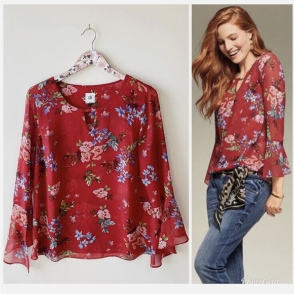 CAbi #3590 Devoted Red Floral Blouse Small Keyhole Chiffon - Picture 12 of 12